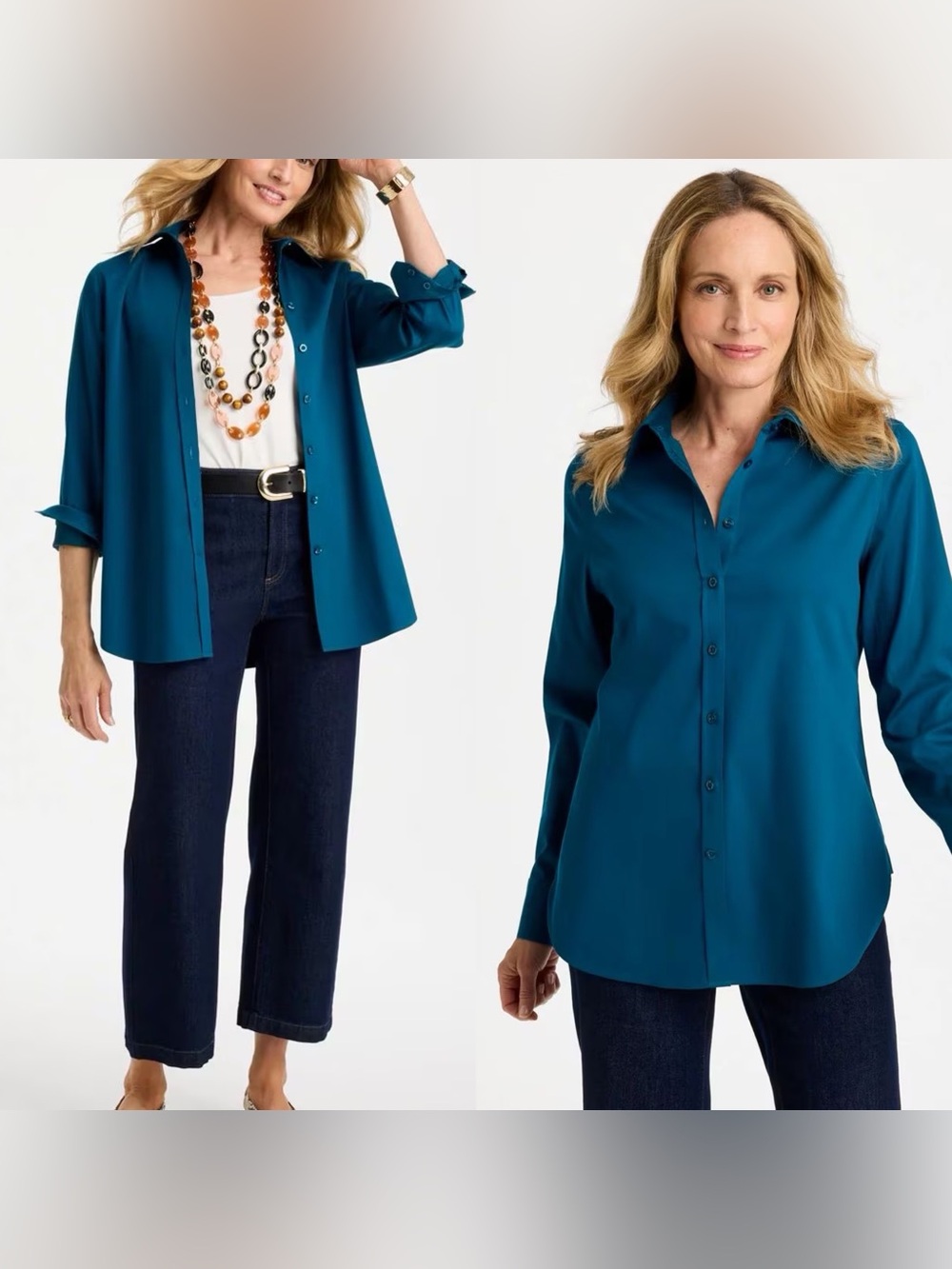 Chico's No Iron Stretch Shirt Teal Shadow Button Front